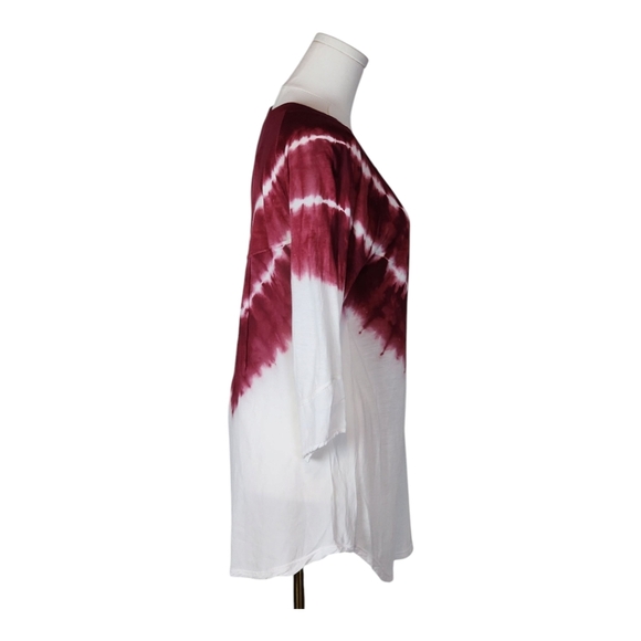 XCVI Tie-Dye Tunic Shirt Burgundy White Boho 3/4 Sleeve Rayon Viscose Top S - Picture 6 of 9